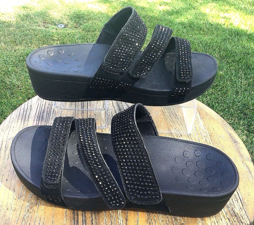 Vionic Sz 10 Alexis Black Suede Sandal Crystal Bling Adjustable Strap Rhinestone